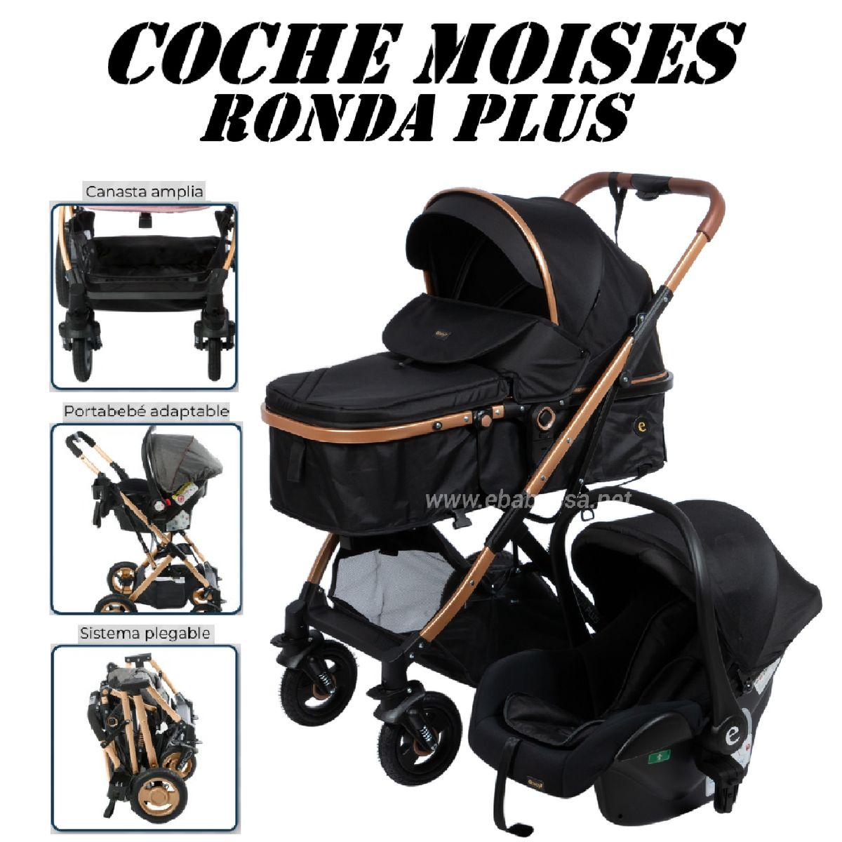 EBABY - Coche Moises Con Portabebe Ronda Plus -Negro