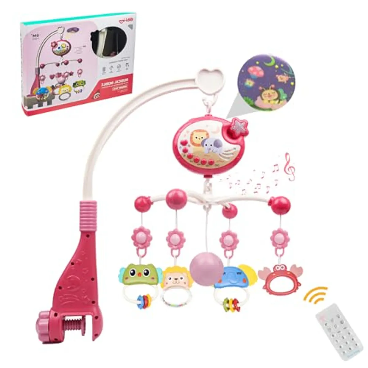 BIBI - Móvil Cuna Giratorio Musical con Proyector y Control Rosado