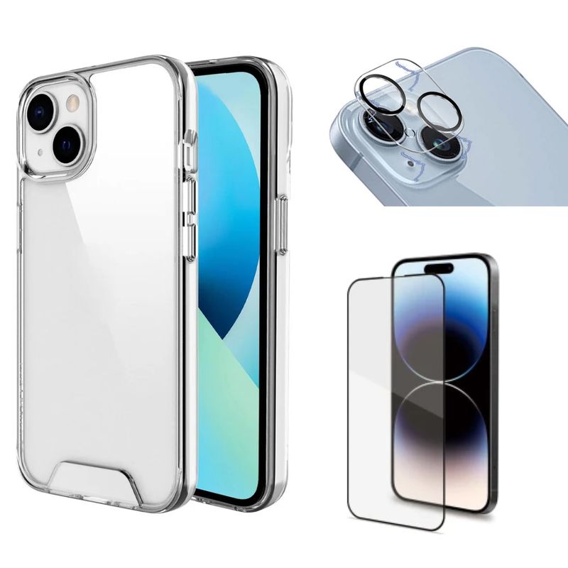 CASE - CASE TRANSPARENTE + MICA DE PANTALLA + MICA DE CÁMARA PARA IPHONE 15