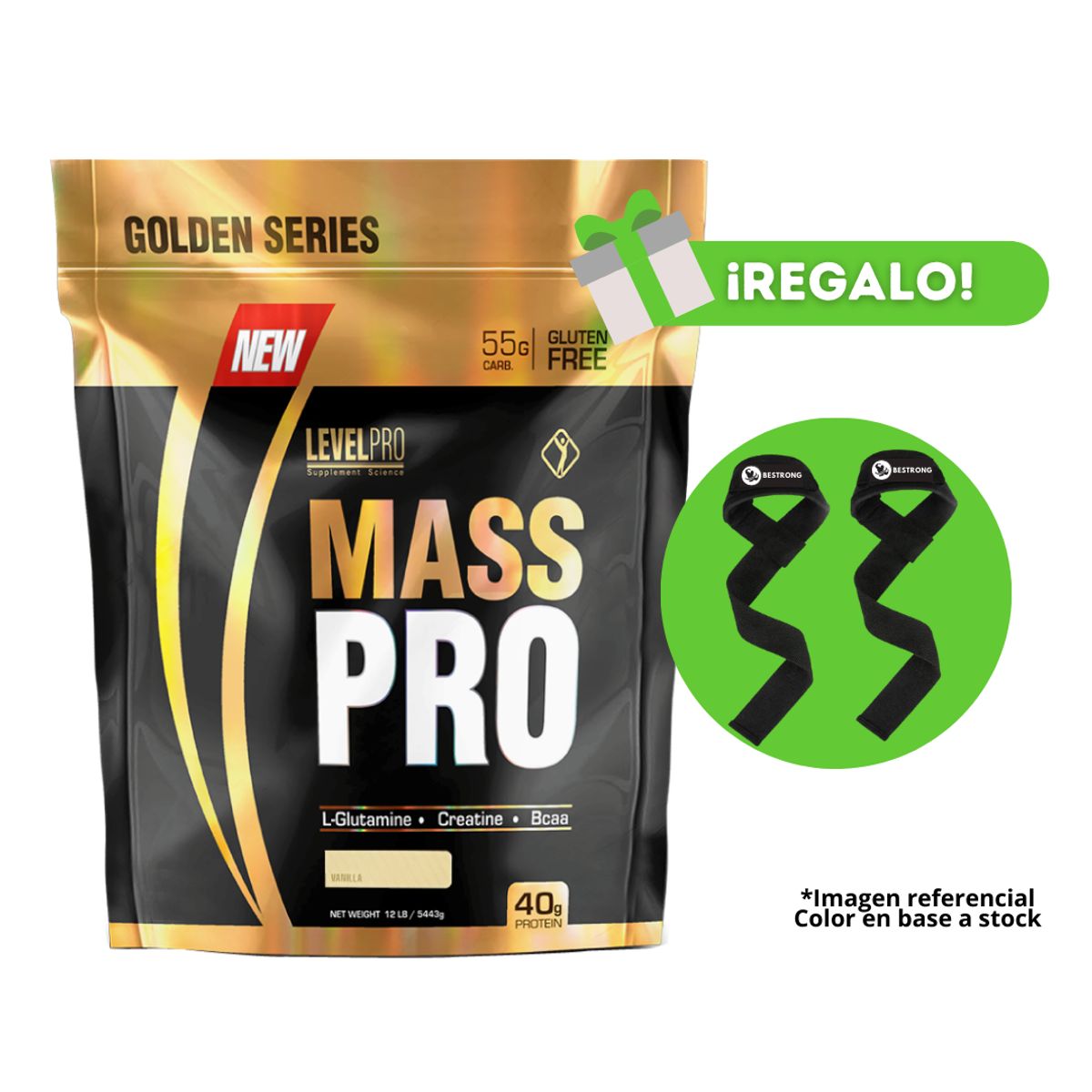 LEVEL PRO - PROTEÍNA MASS PRO 12 LB VAINILLA + STRAPS