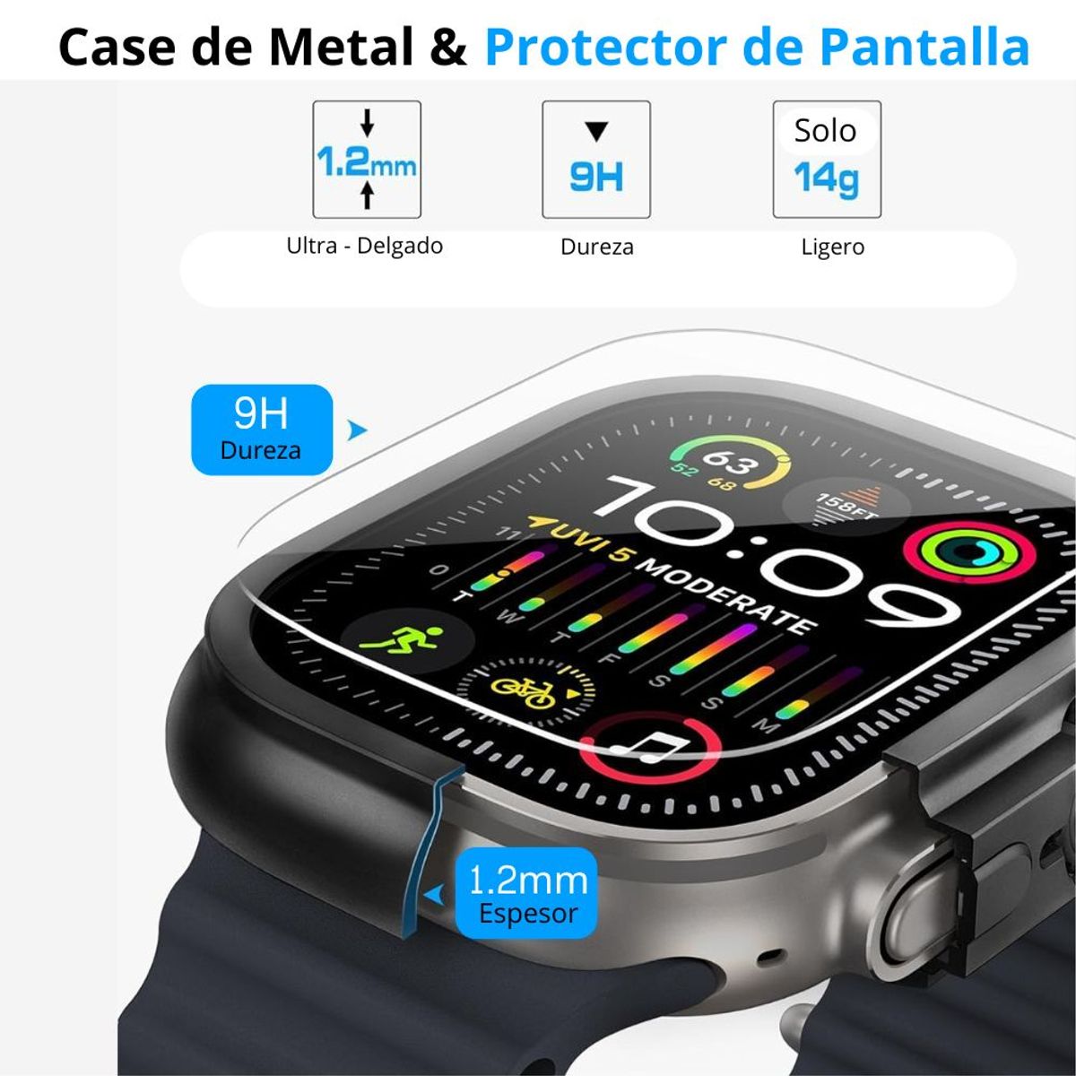 AMBAND - Case y Mica de Vidrio templado Para Apple Watch Ultra de Metal Negro