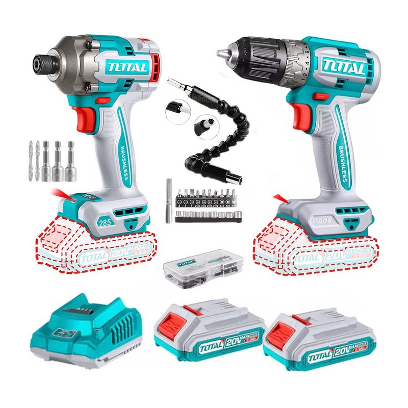 TOTAL TOOLS - TALADRO INALÁMBRICO 20V BL + ATORNILLADOR DE IMPACTO TOTAL + 21ACCS