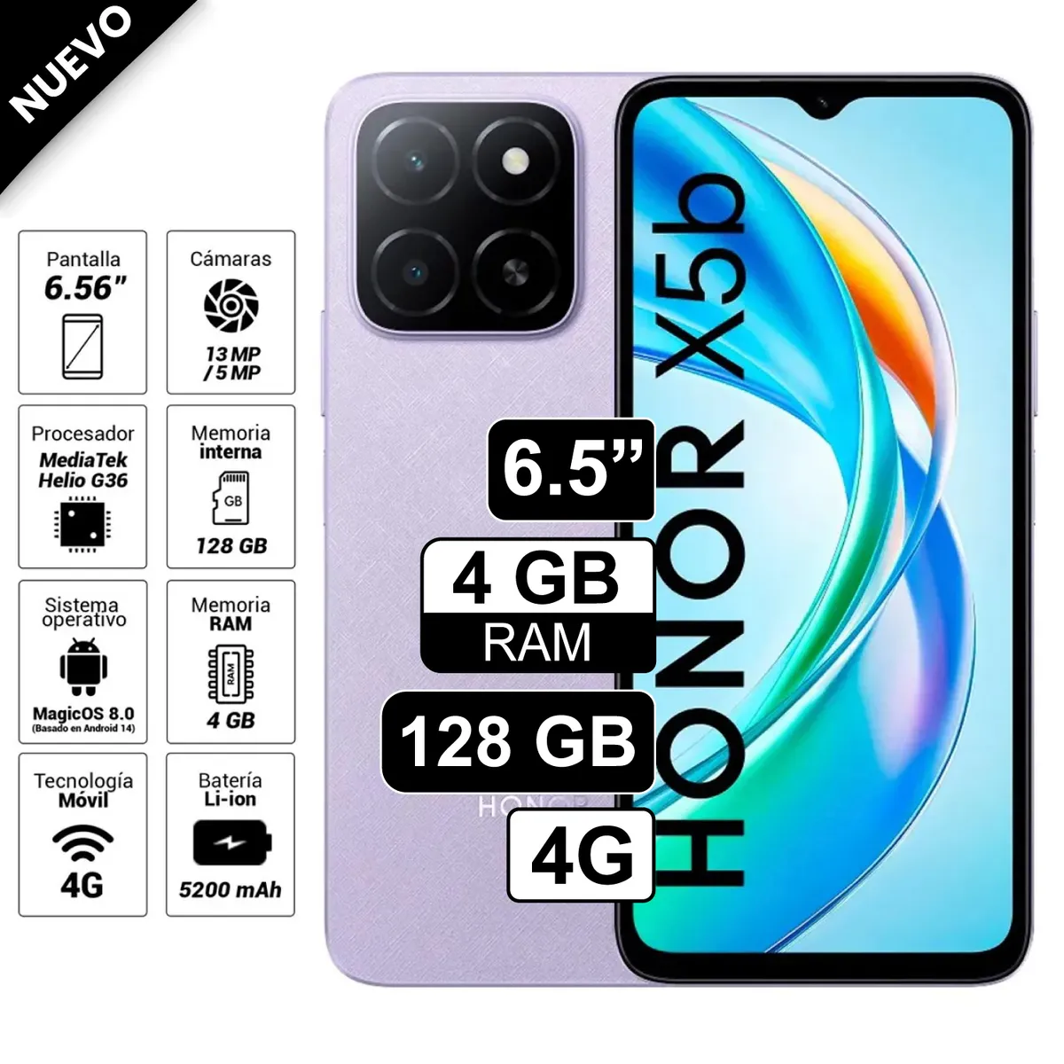 HONOR - Celular Honor X5B 6.5 pulg 4GB RAM 128GB 50MP Morado