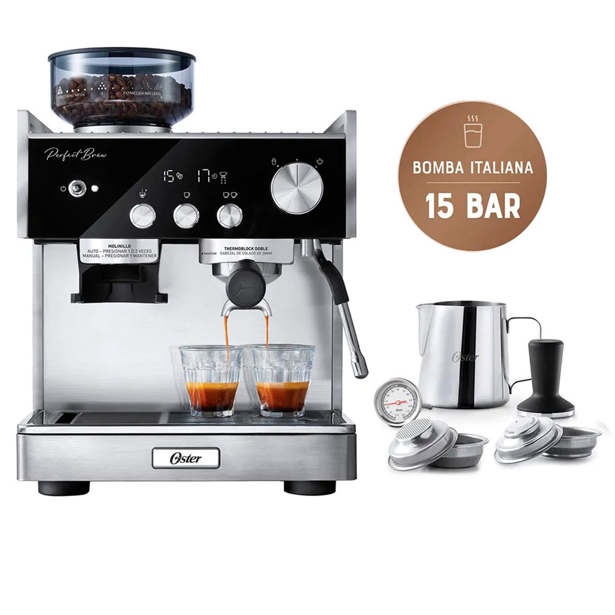 OSTER - Cafetera Oster BVSTEM7400 para Espresso con Molinillo Inteligente