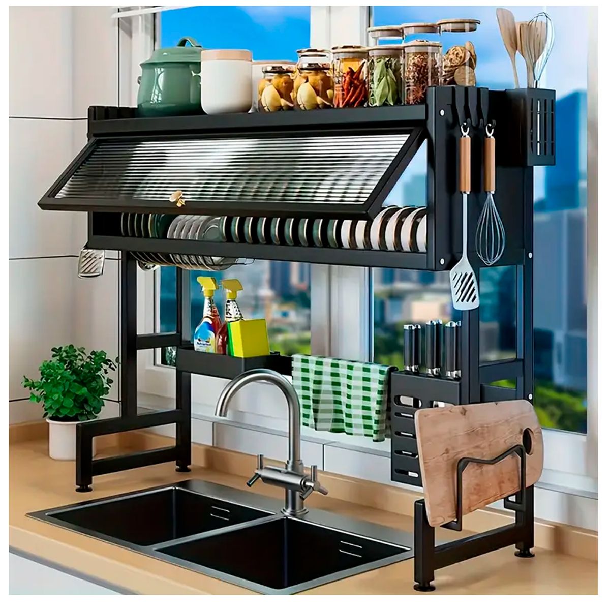 GENERICO - Escurridor De Platos Con Tapa Y 2 Niveles De 85 Cm Negro