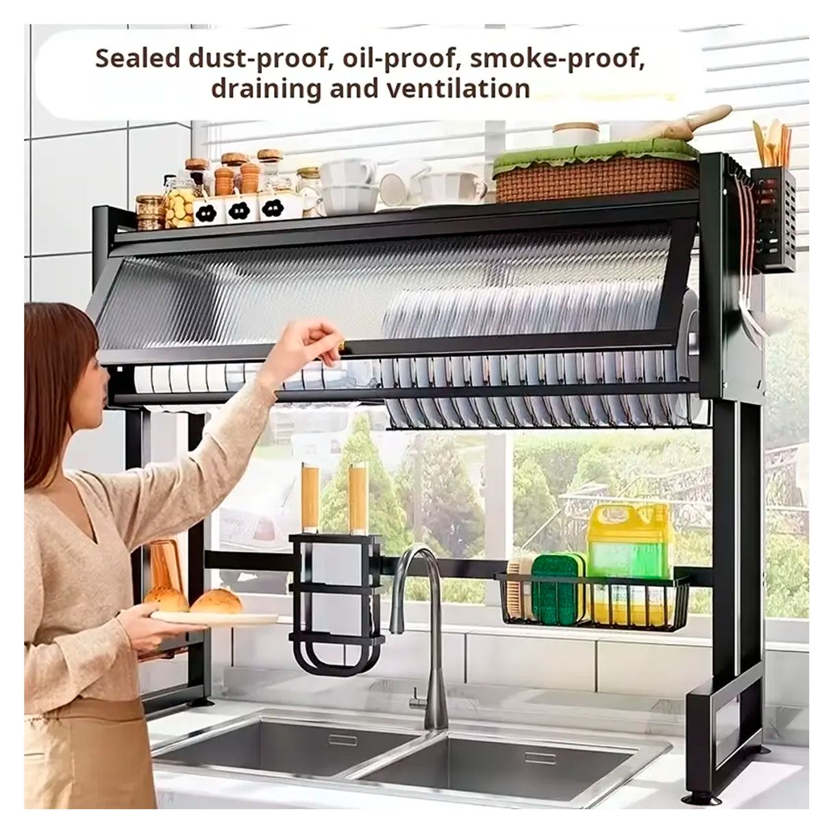 GENERICO - Escurridor De Platos Con Tapa Y 2 Niveles De 85 Cm Negro