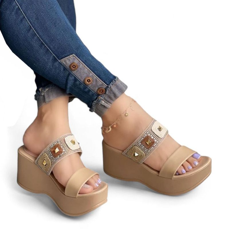 GENERICO - Sandalia mujer bohemia con plataforma 11775C-55 cuña 7 color beige