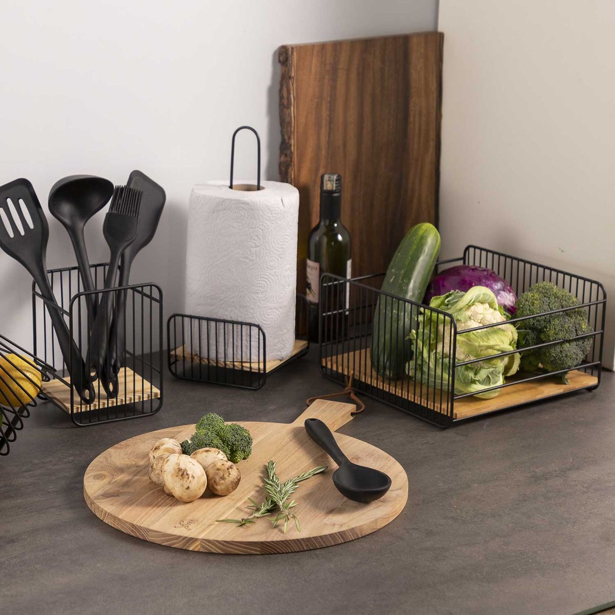 GENERICO - Canasta Frutero de Acero con Base de Bambú