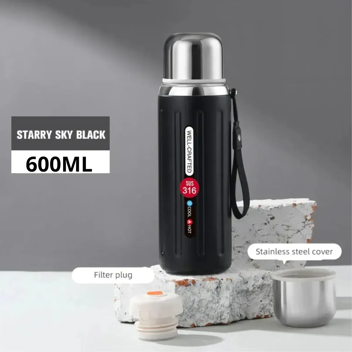 GENERICO - Termo Premium Vacuum 600ml Acero Inoxidable - Negro