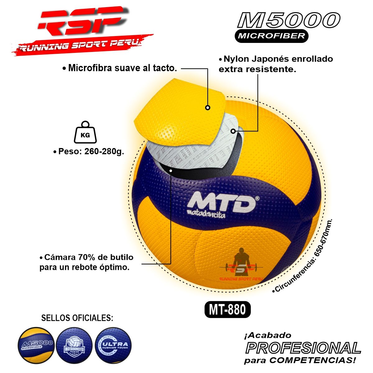 MTD - Pelota de Vóley MTD M5000 Microfibra Japonés MT-880 Amarillo