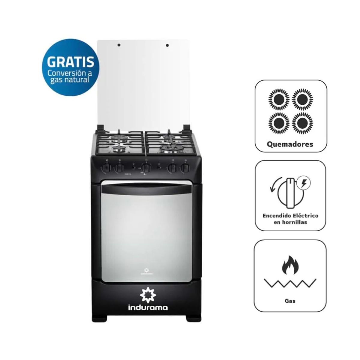 INDURAMA - Cocina a Gas INDURAMA 4 Quemadores POMPEYA ZAFIRO Negro