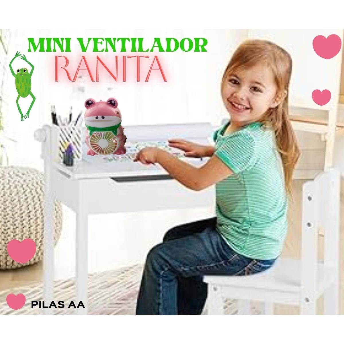 GENERICO - VENTILADOR PORTÁTIL DE ESCRITOIO OFICINA ADORNO MODELO RANITA A PILAS