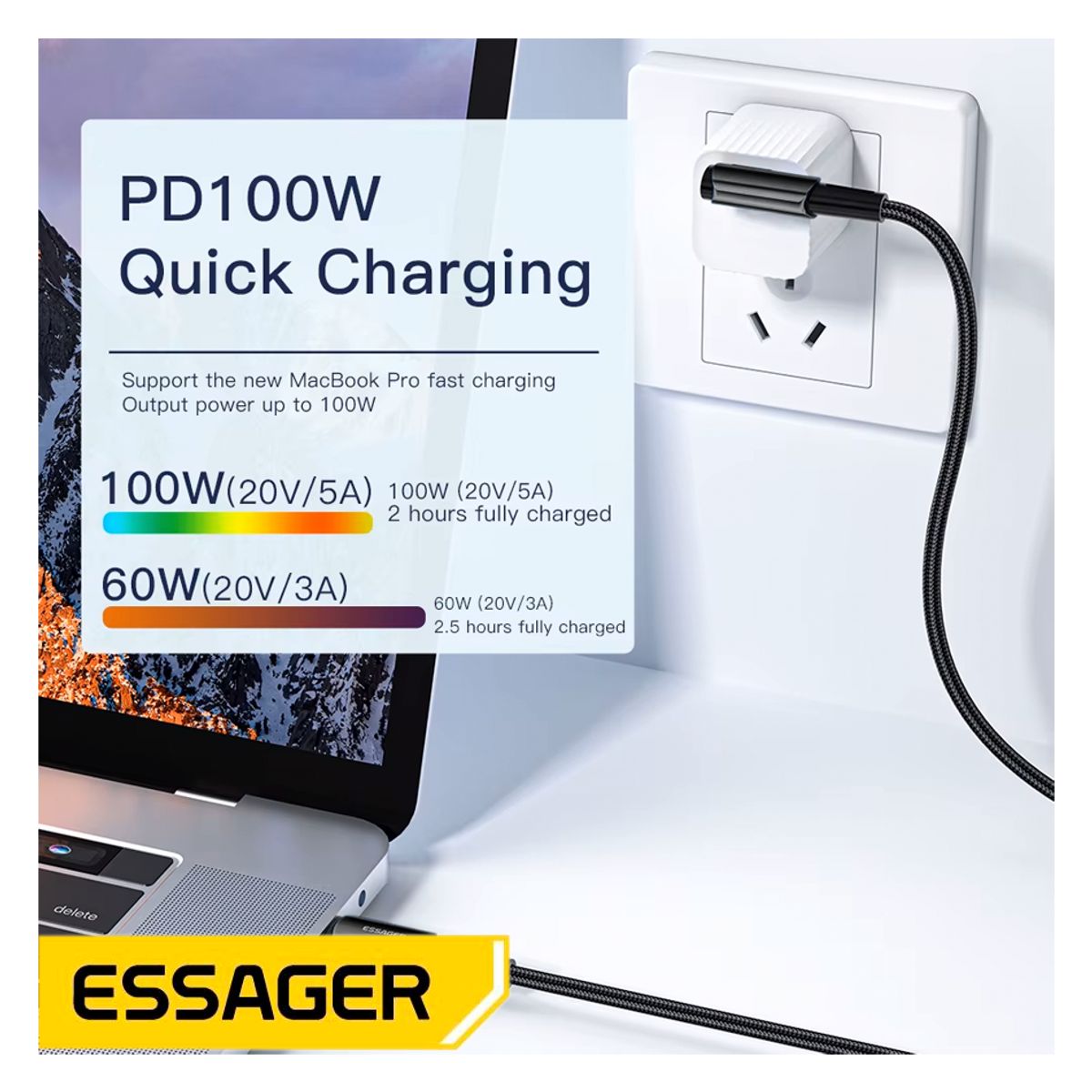 ESSAGER - Cable Usb Tipo C a C de carga rápida 100W Essager 2metros