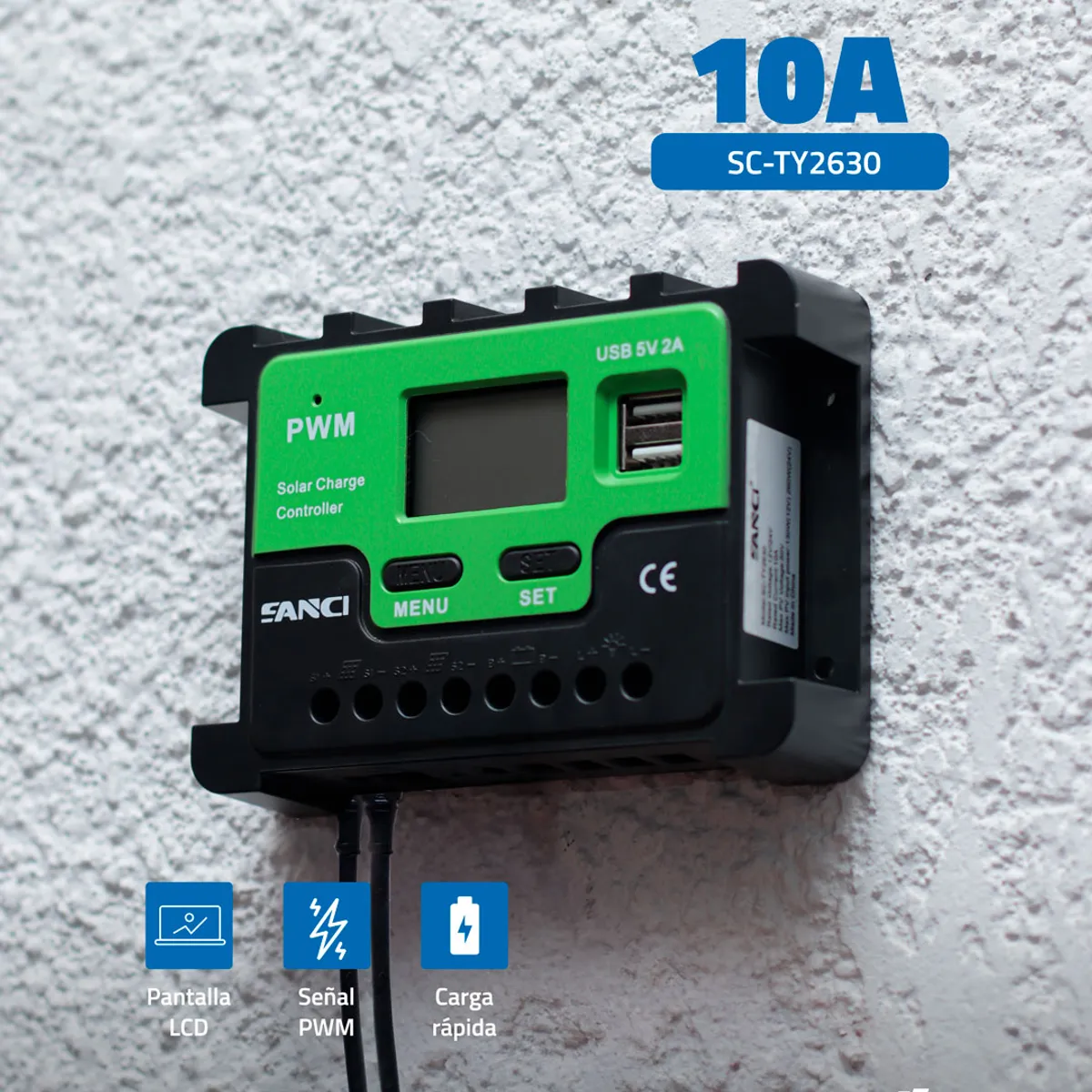 SANC - Controlador Solar Carga Panel 10A PWM Bateria Litio Plomo Grafeno