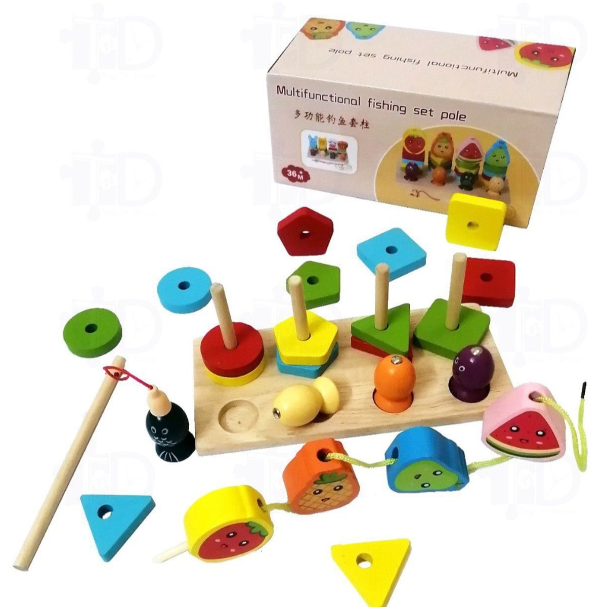 GENERICO - Juego didáctico Montessori 3 en 1 -  Pesca, encaja y enhebra