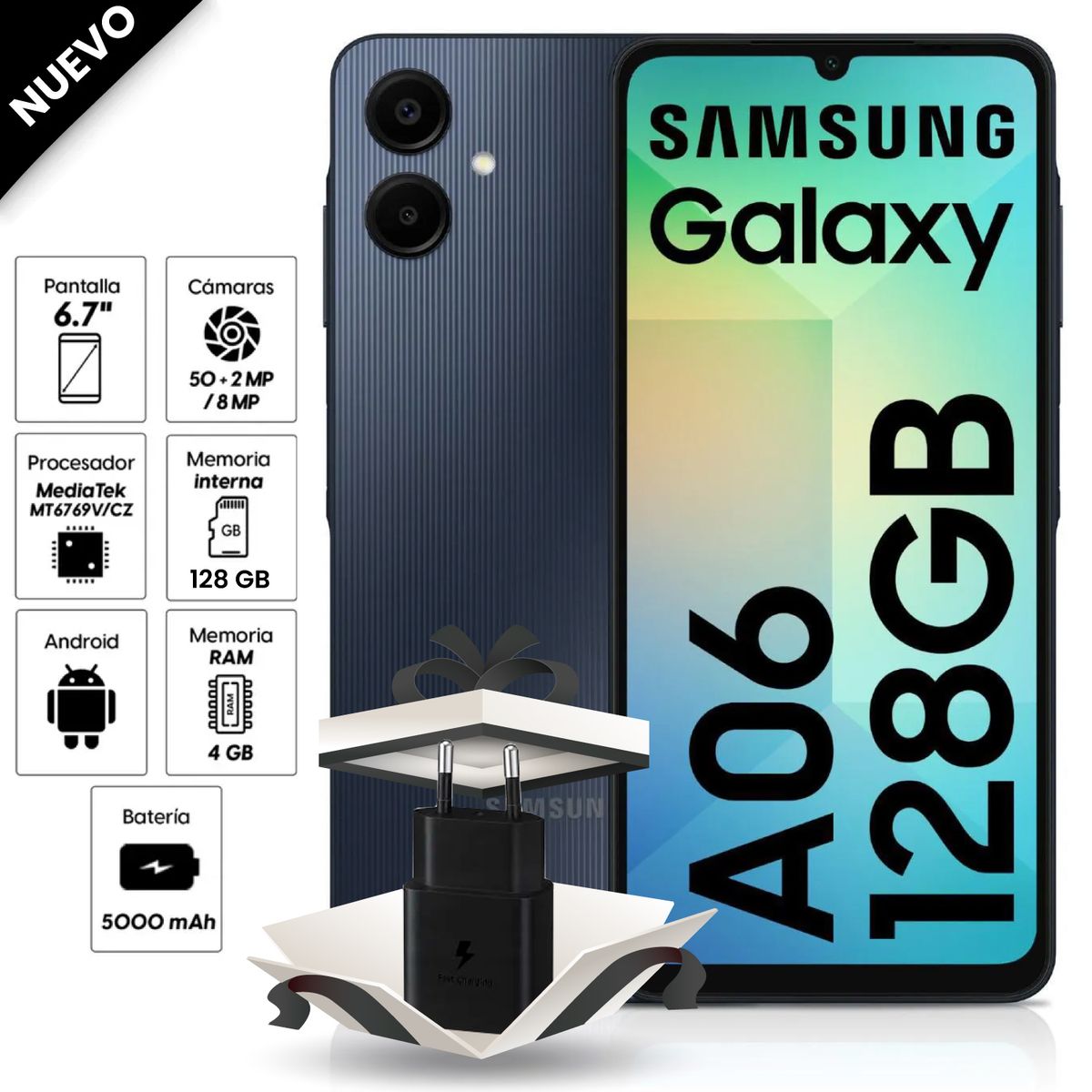 SAMSUNG - Celular Samsung Galaxy A06 128GB, 4GB ram, cámara 50MP + 2 MP frontal 8MP 6.7" negro + Cargador 15W