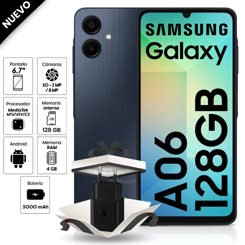 SAMSUNG - Celular Samsung Galaxy A06 128GB, 4GB ram, cámara 50MP + 2 MP frontal 8MP 6.7" negro + Cargador 15W