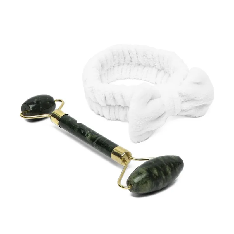 GENERICO - Rodillo Masajeador Facial Piedra Jade + Diadema Skincare