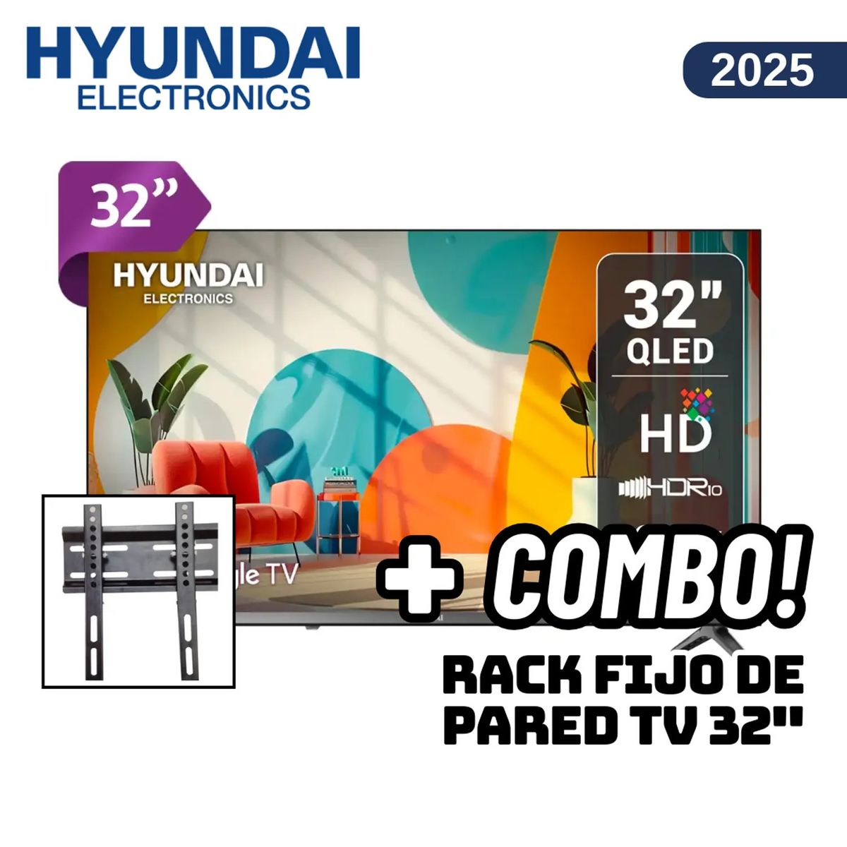 HYUNDAI - TELEVISOR HYUNDAI 32 QLED SMART TV GOOGLE TV HD - HYLED3259QG + RACK FIJO