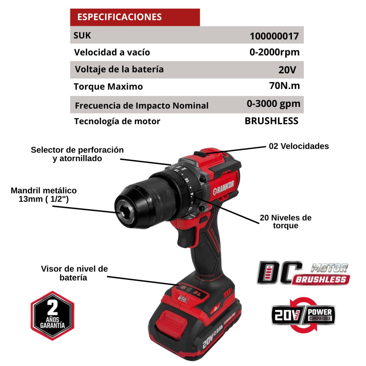 RANKOR - Taladro Percutor Atornillador Rankor 20V Brushless RLID20001
