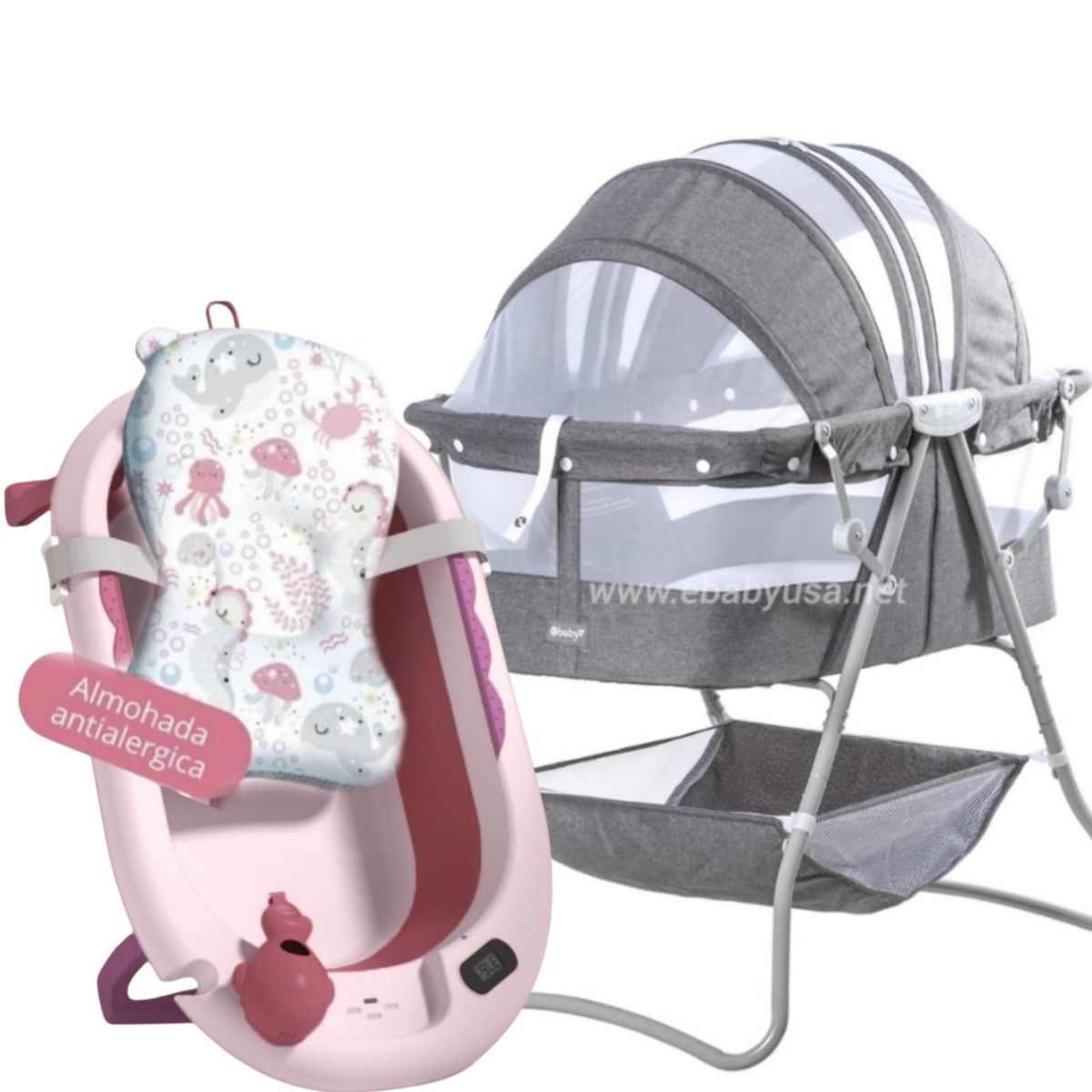EBABY - Cuna Portátil Plegable DOLLY + Tina cojín con temporizador