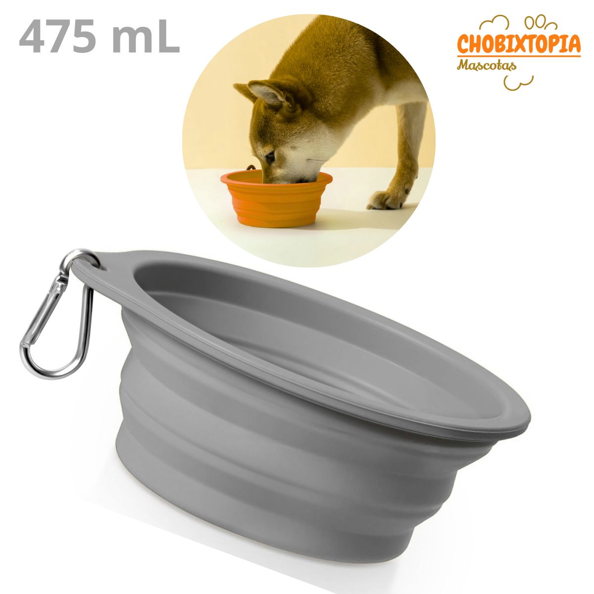 GENERICO - PLATO PORTATIL PLEGABLE PARA MASCOTA 475mL - PLOMO