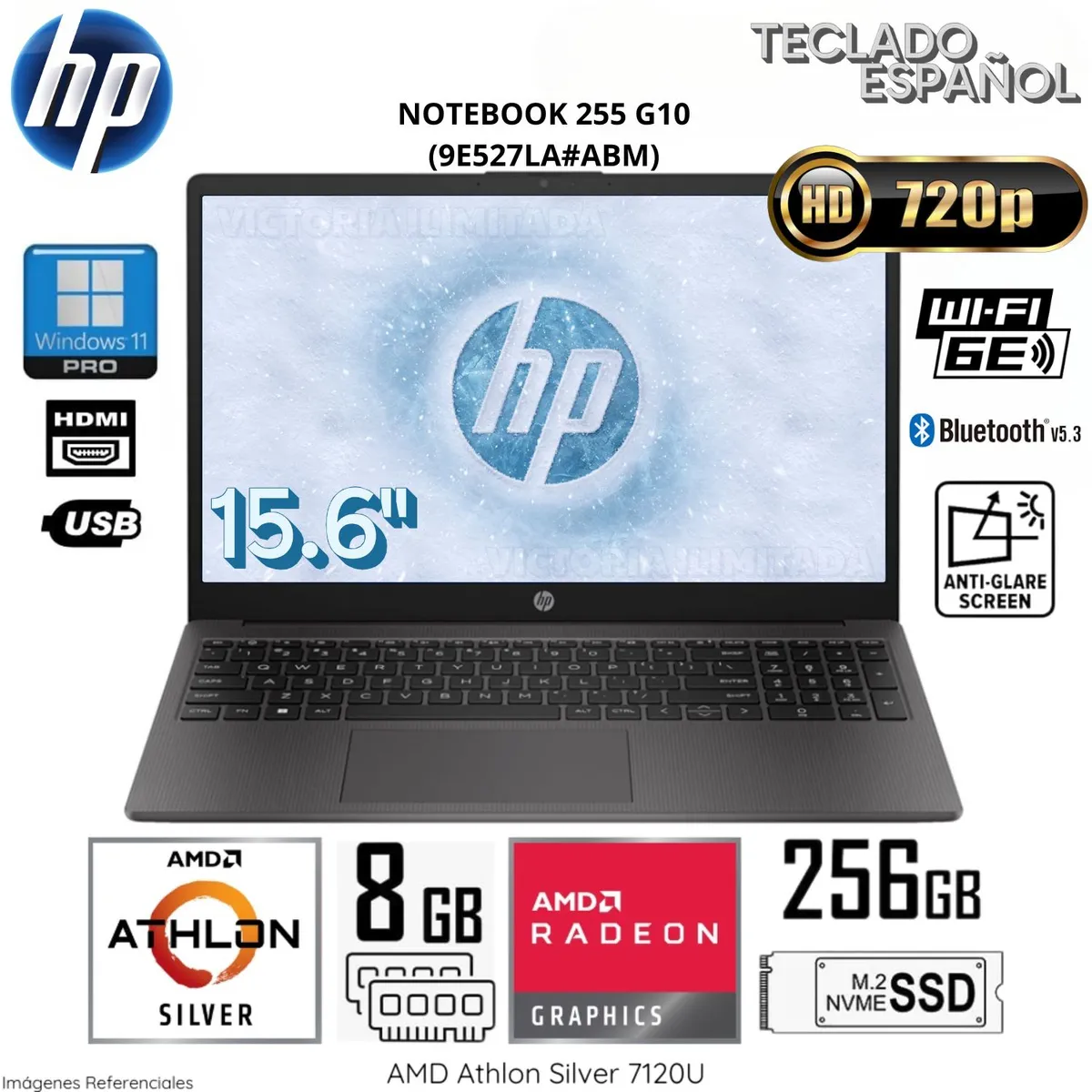 HP - Laptop HP 255 G10 AMD Athlon Silver 7-120U 8GB RAM 256GB SSD 15.6"  HD Win11  (9E527LA#ABM) - Gris