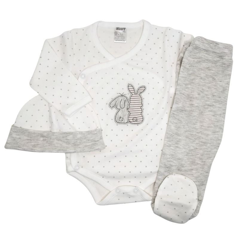 GENERICO - Ajuar Bebe 3 piezas Algodon - Conejitos - Blanco-Gris