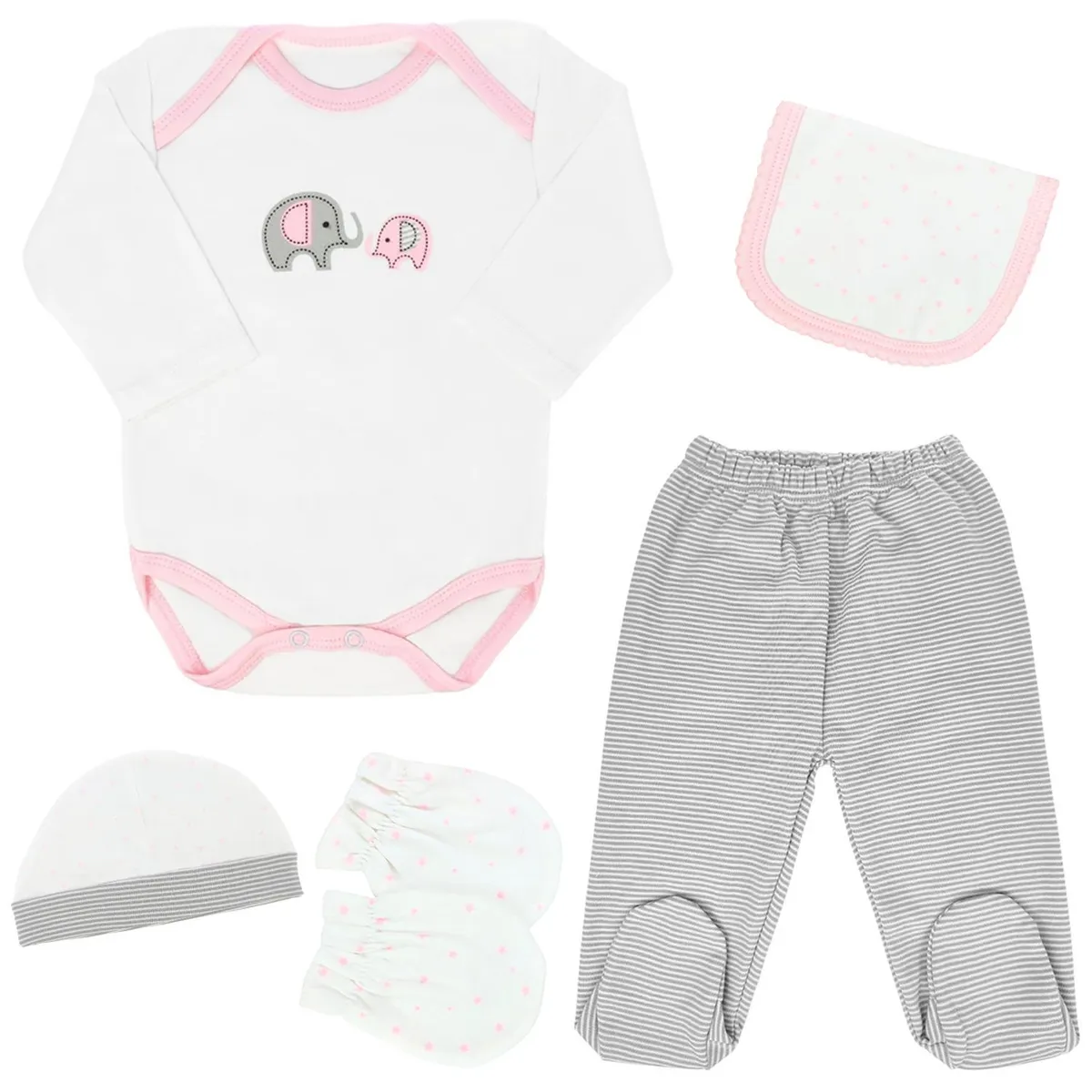 GENERICO - Ajuar Bebe - Algodón - Elefante - 6 piezas - Rosado