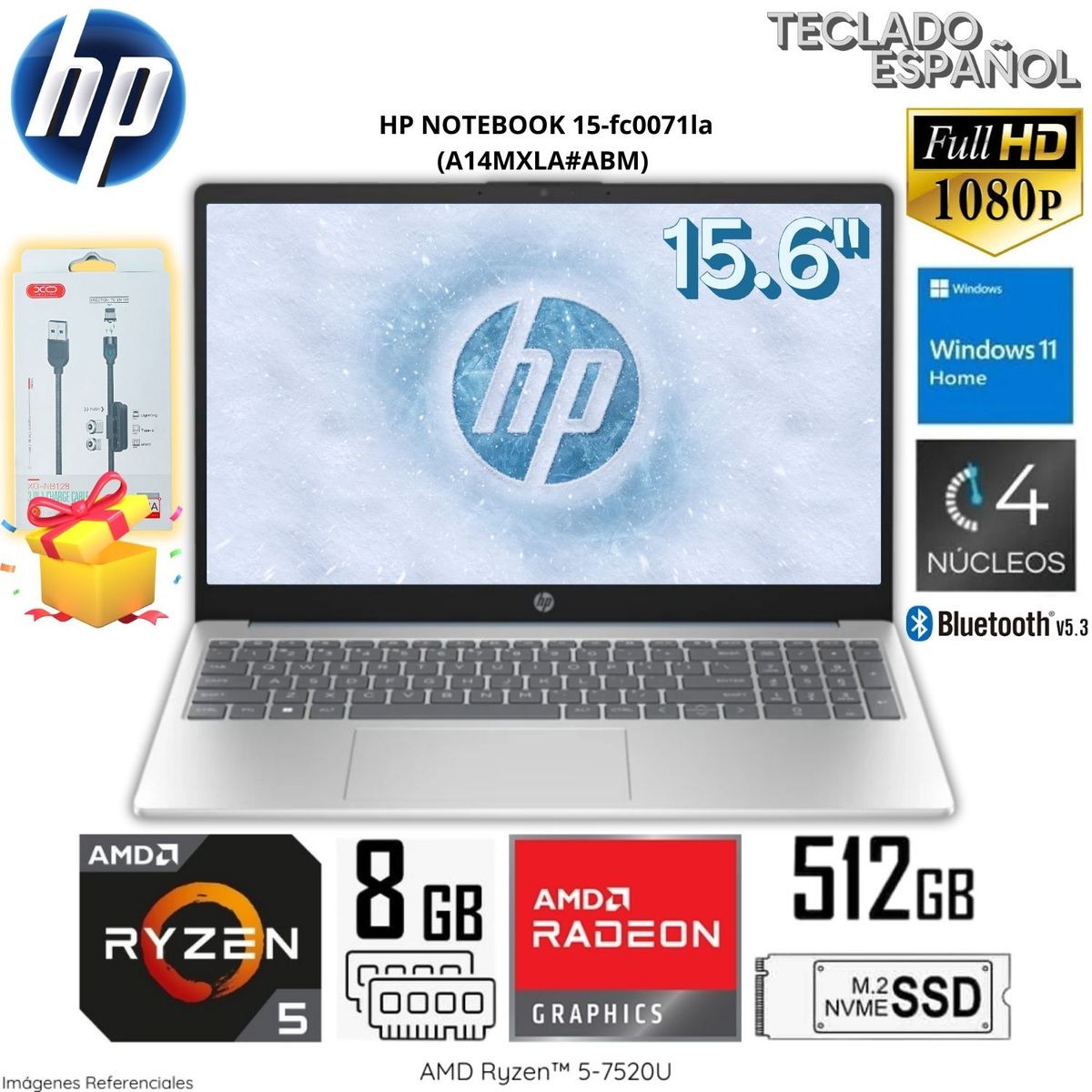 HP - Laptop HP 15-FC0071LA (A14MXLA#ABM) AMD Ryzen 5 7520U 8GB RAM 512GB SSD 15.6" + USB XO-NB128 3 en 1