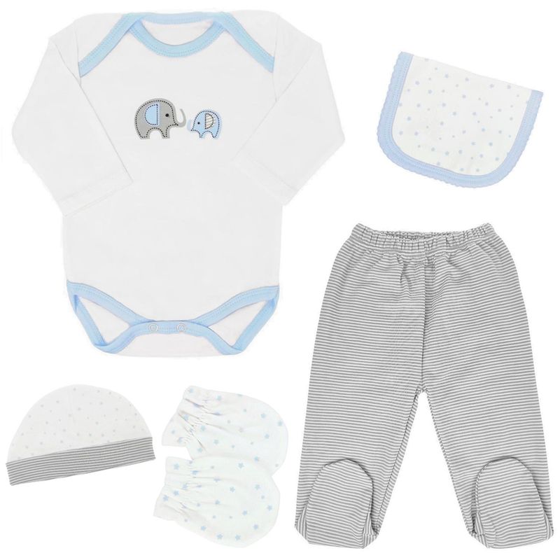 GENERICO - Ajuar Algodón - Elefante - 6 piezas - Celeste G - Talla RN