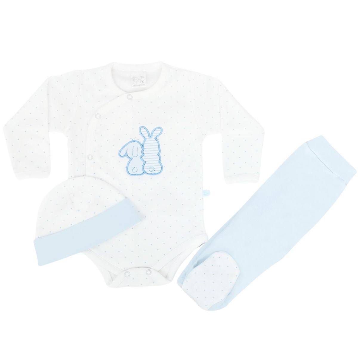 GENERICO - Ajuar Bebe 3 piezas Algodon - Conejitos - Blanco-Celeste