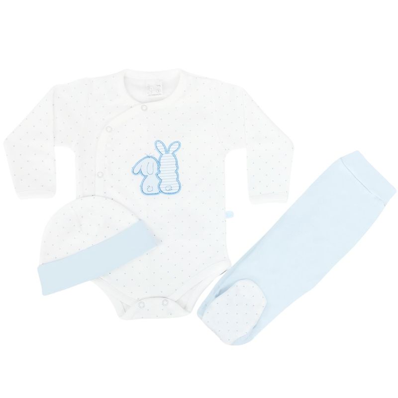 GENERICO - Ajuar Bebe 3 piezas Algodon - Conejitos - Blanco-Celeste