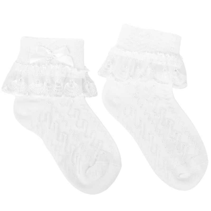 GENERICO - Medias Calcetines Niña con Blondas y Lazo Blanco - Blanco V2