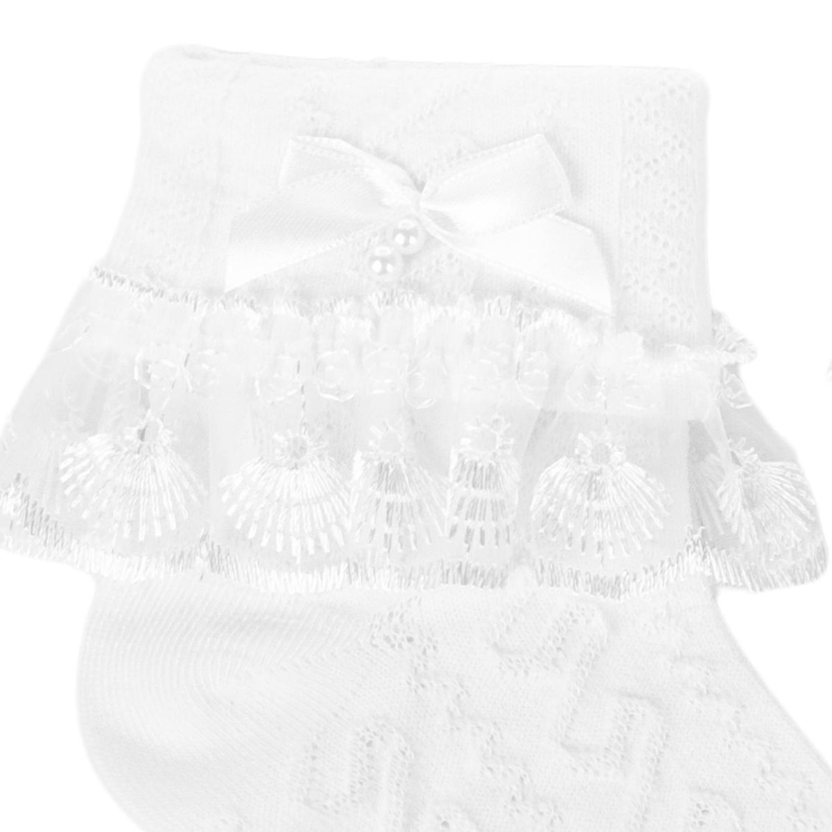 GENERICO - Medias Calcetines Niña con Blondas y Lazo Blanco - Blanco V2