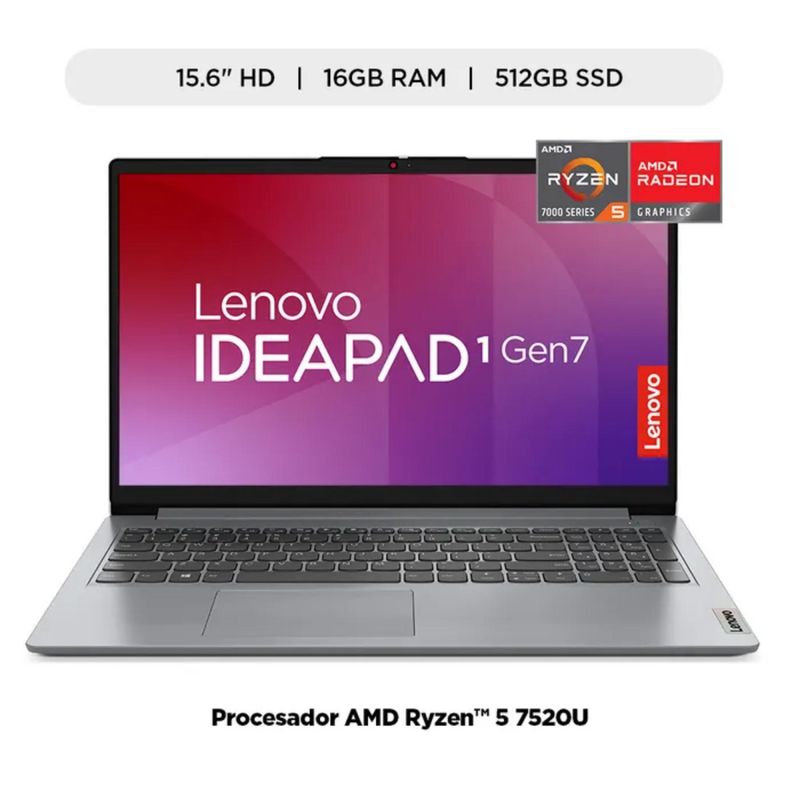 LENOVO - Laptop Lenovo IdeaPad 1 15.6" Windows 11 AMD Ryzen 5 7520U 16GB 512GB SSD