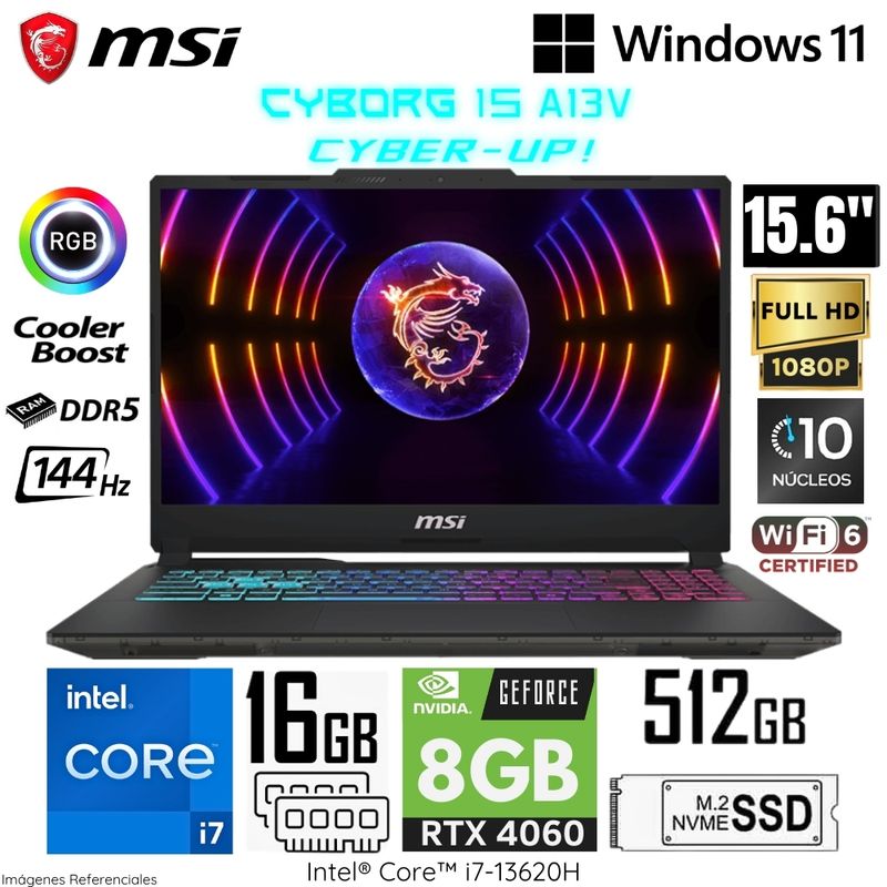 MSI - Laptop Gamer MSI CYBORG 15 A13VFK Intel Core i7-13620H 16GB DDR5 RAM 512GB SSD RTX 4060-6GB