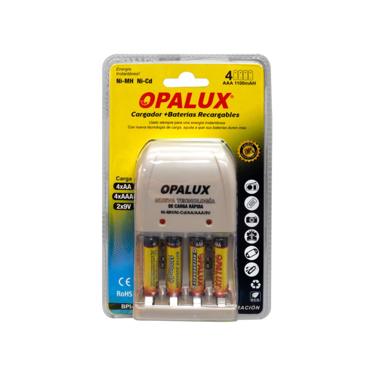 OPALUX - CARGADOR PILAS OPALUX BPI-06AAA1 AAAAA9V NI-MHNI UL + 4 PILAS NH-AAA1100B