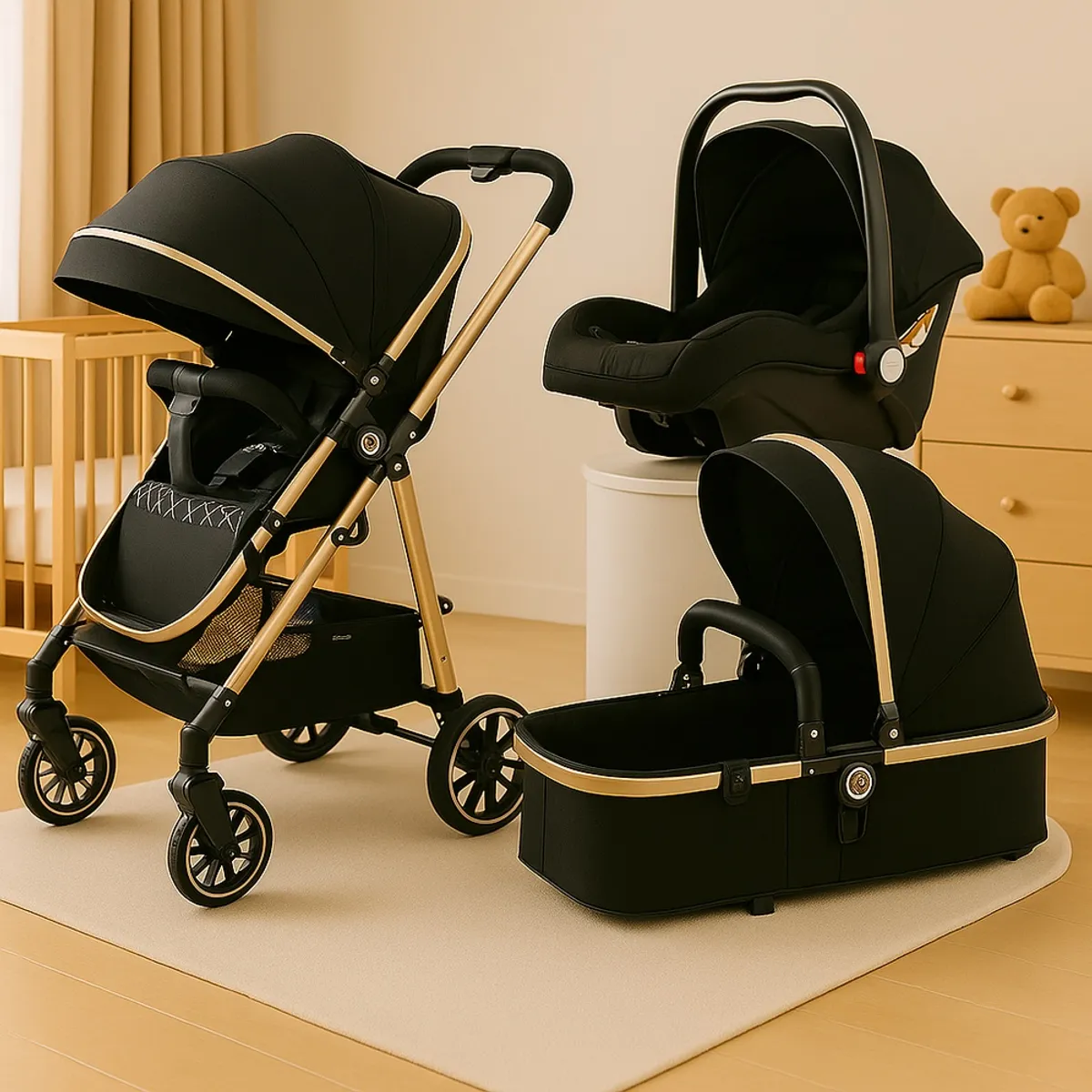 GENERICO - Coche Moises Multifuncional + Silla de Auto Negro