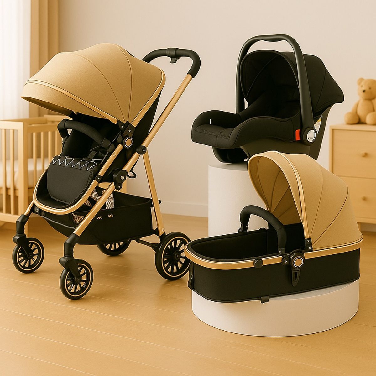 GENERICO - Coche Moises Multifuncional + Silla de Auto Caqui