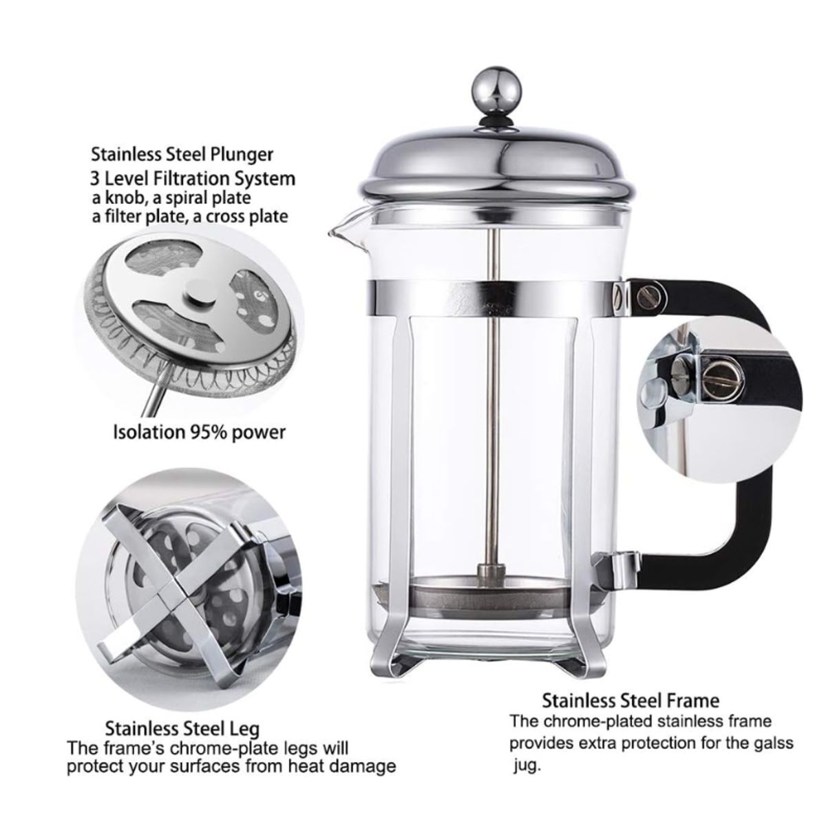 GENERICO - Cafetera prensa francesa de acero 800 ml