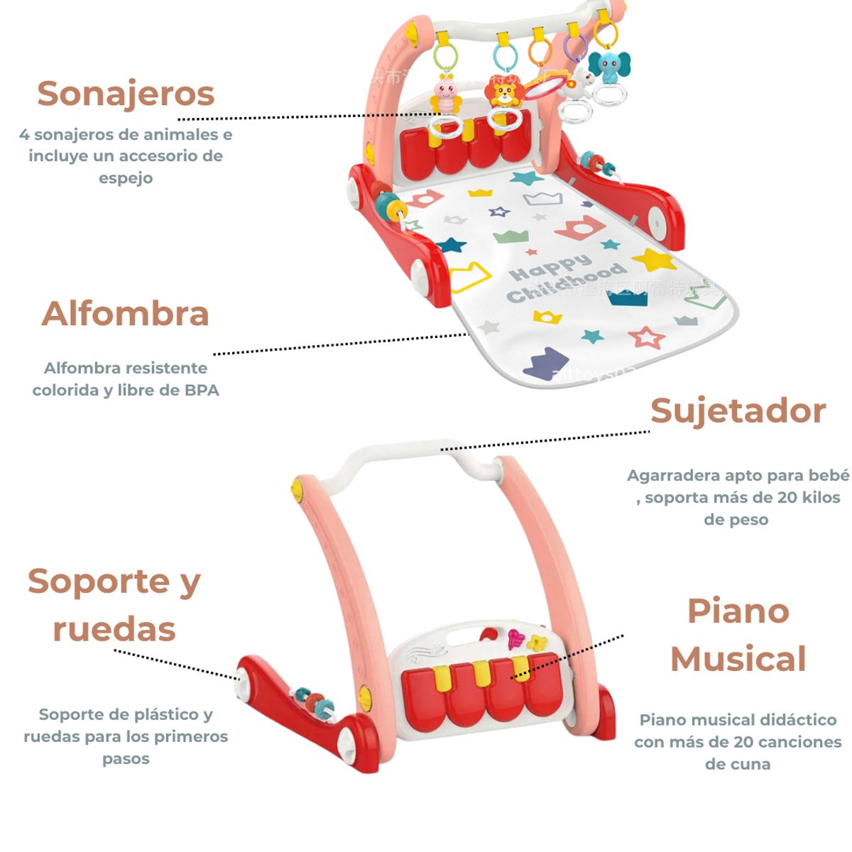 HUANGER - GIMNASIO ANDADOR CAMINADOR PARA BEBE 2 EN 1 ROJO