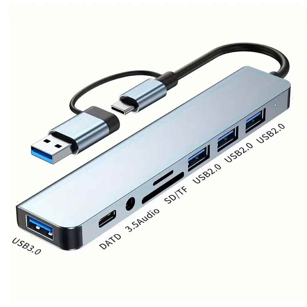 VARIOS - Adaptador 8 en 1 USB C y USB a 4xUSB 1xUSB C, Audio Jack, SD TF, DATD