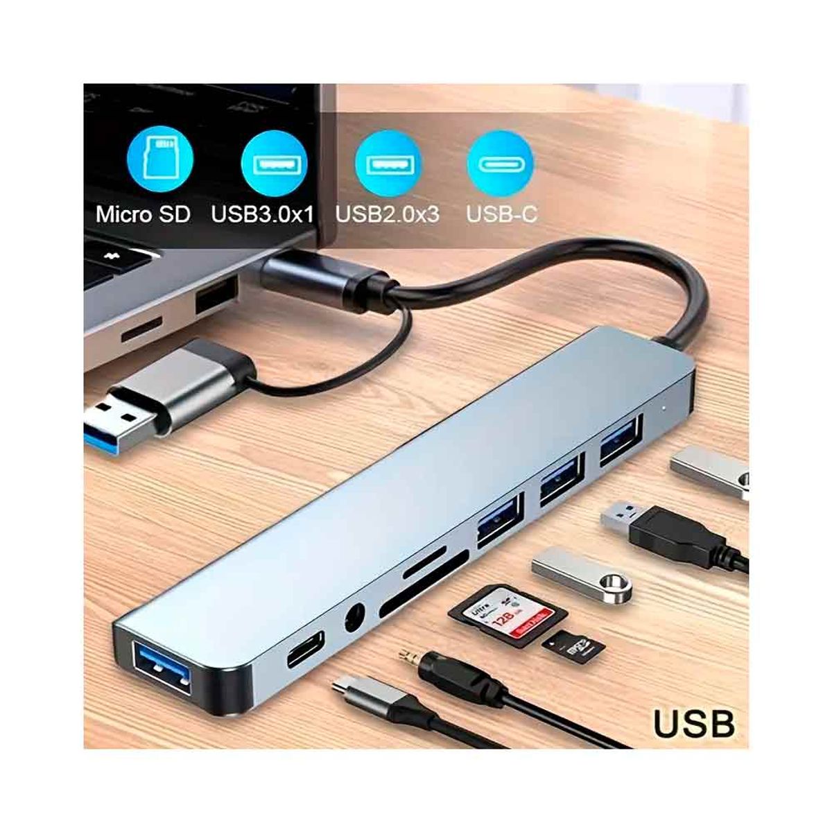 VARIOS - Adaptador 8 en 1 USB C y USB a 4xUSB 1xUSB C, Audio Jack, SD TF, DATD