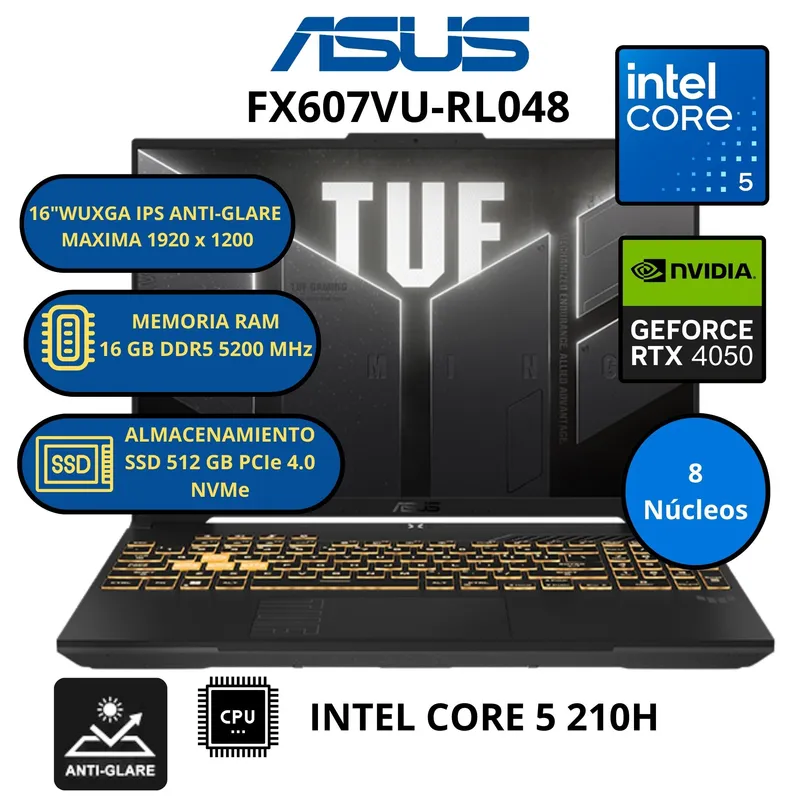 ASUS - Laptop Asus Tuf F16 FX607VU-RL048 INTEL CORE 5-RAM 16 GB SSD 512 GB NVIDIA RTX 4050 16” WUXGA