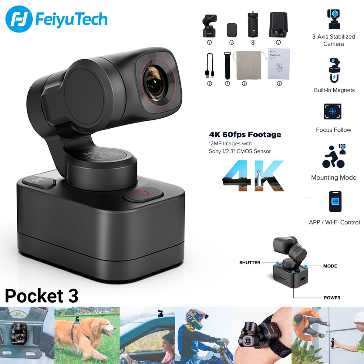 FEIYUTECH - FEIYU - POCKET 3 - GIMBAL Estabilizador - Cámara de acción 4K