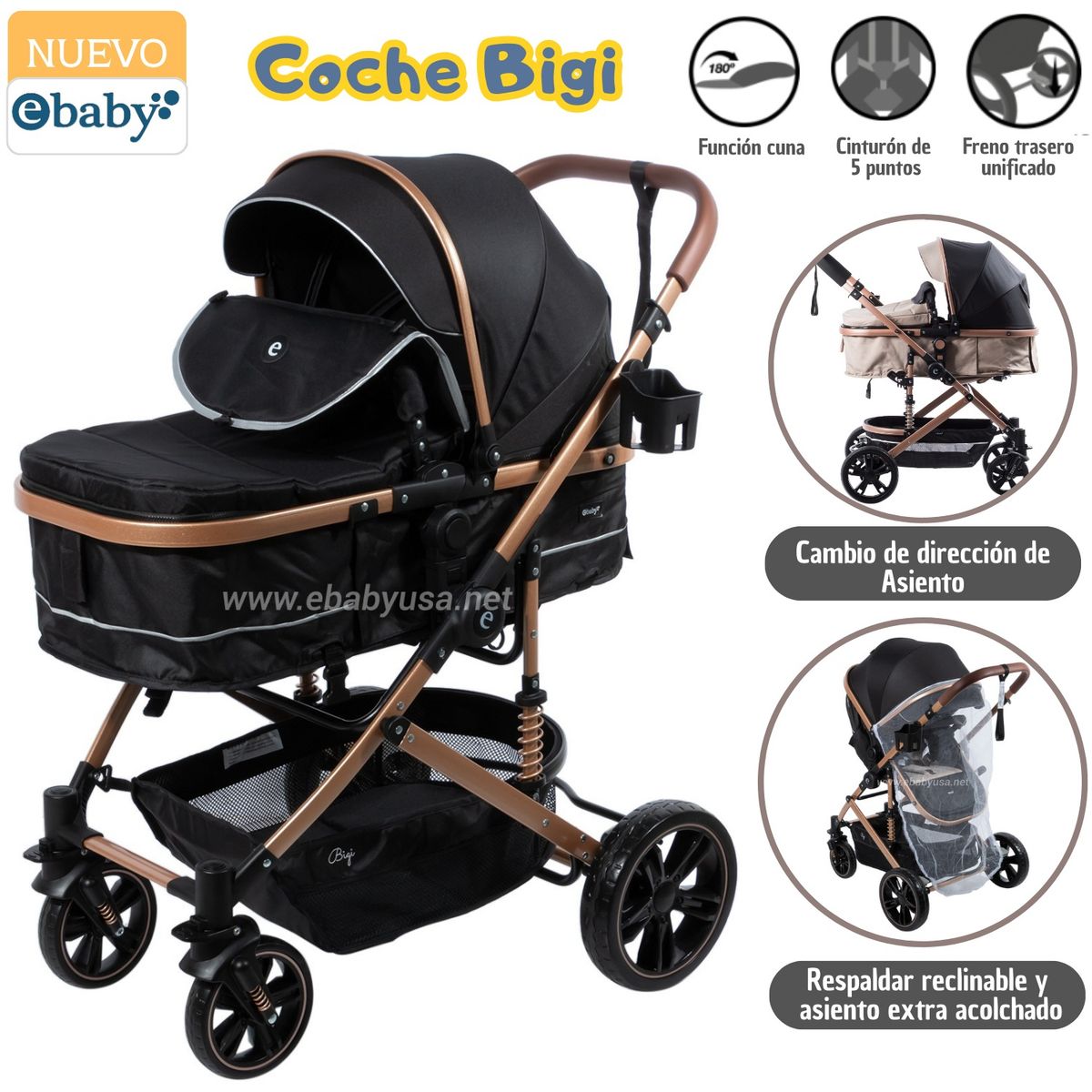 EBABY - Coche cuna de Lujo Mango Reversible Bigi Negro con tull
