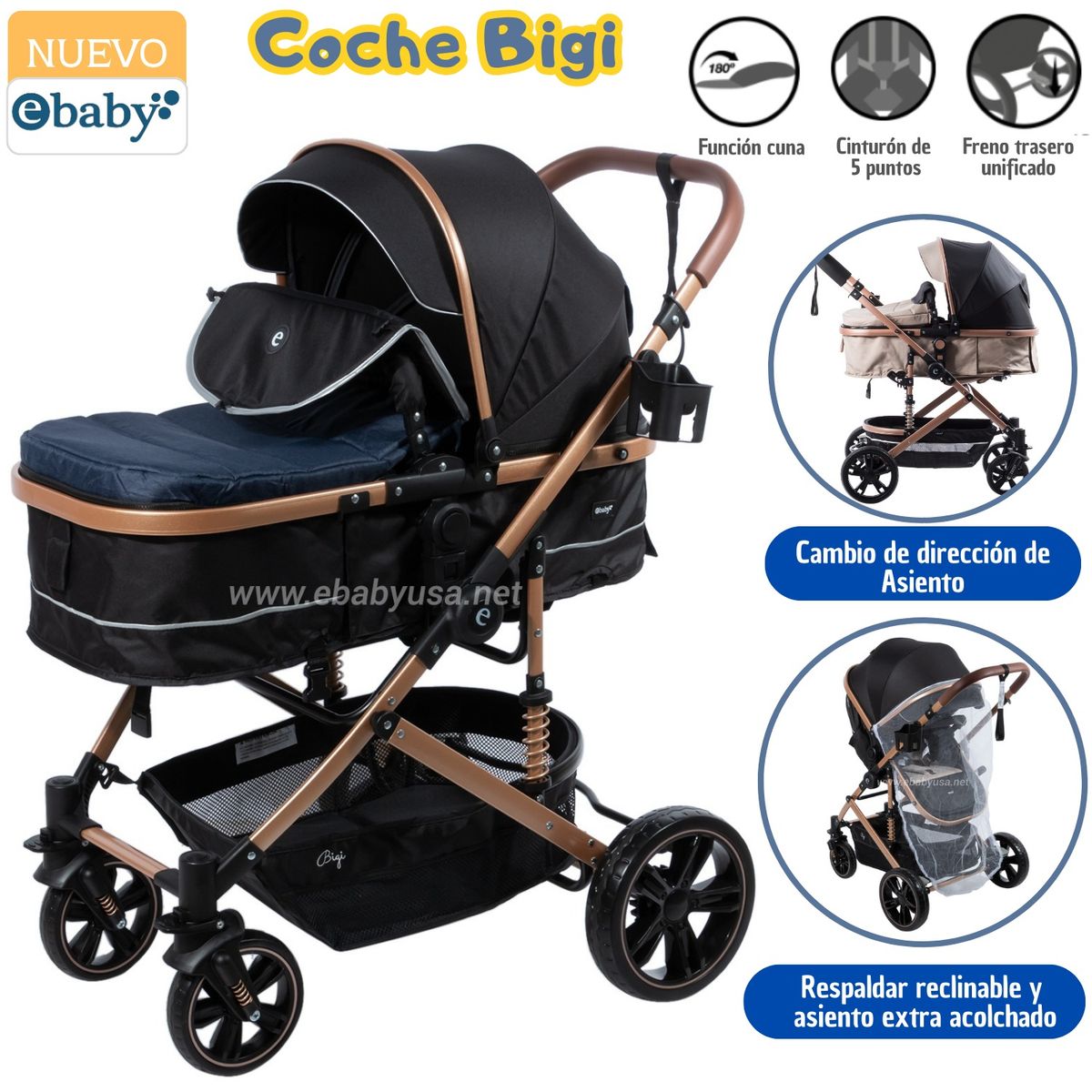 EBABY - Coche cuna de Lujo Mango Reversible Bigi Azul con tull