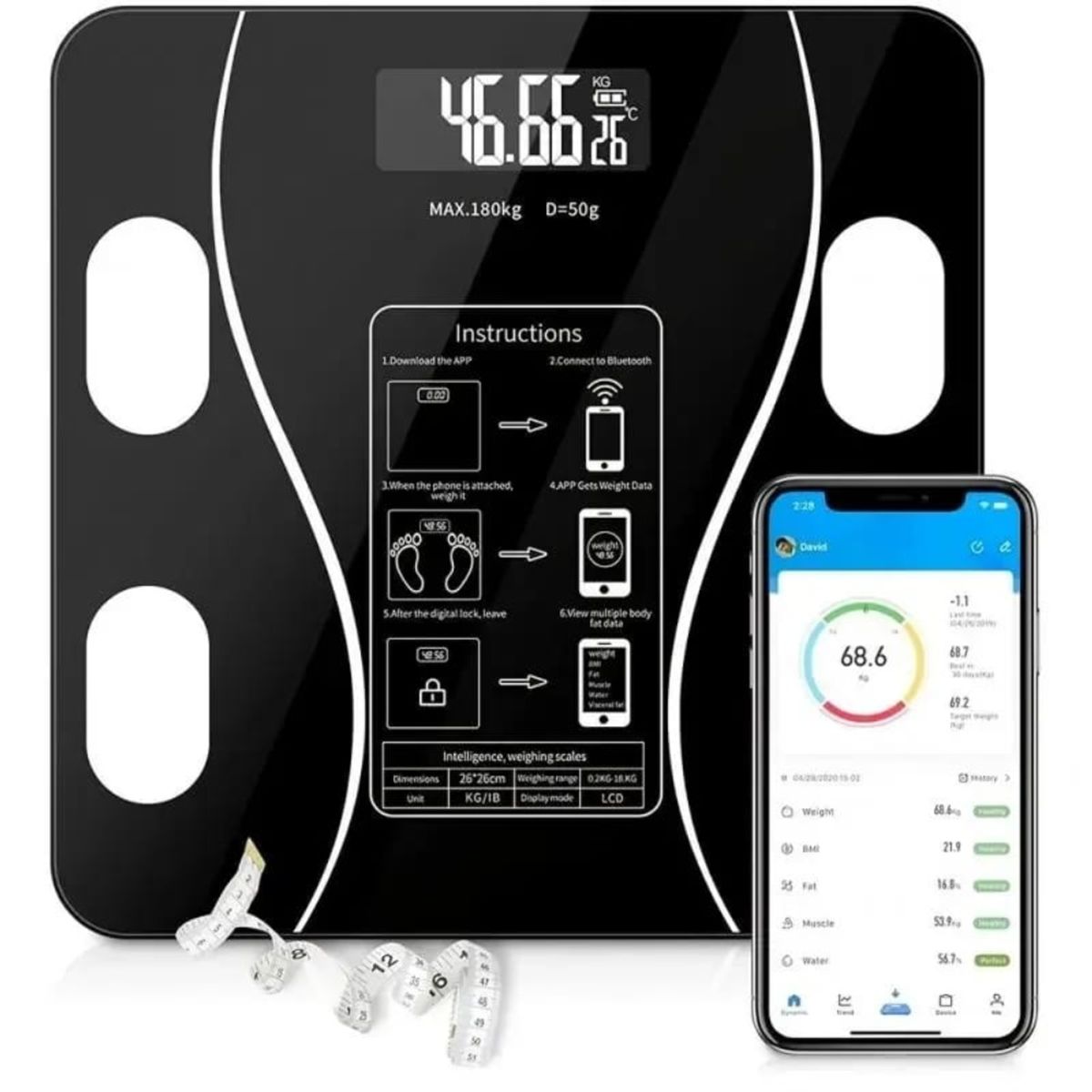 GENERICO - Balanza Corporal Digital Bluetooth Recargable Negro 180 kg