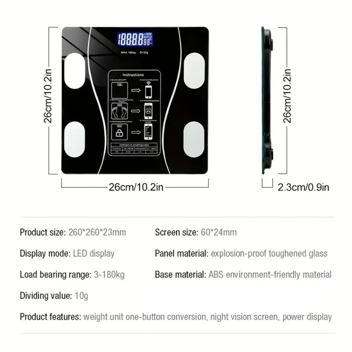 GENERICO - Balanza Corporal Digital Bluetooth Recargable Negro 180 kg